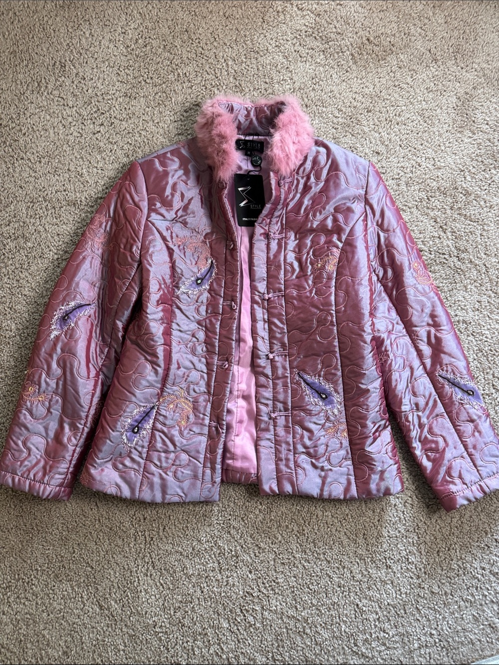 Embroidered Quilted Puffer Jacket with Faux-Fur Collar - Pink